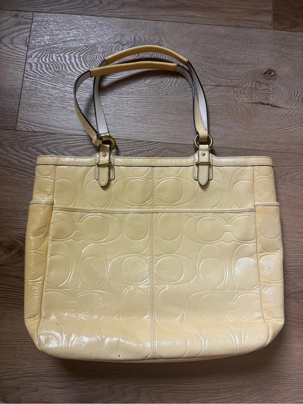 Coach Pale Yellow Patent Leather Signature Tote